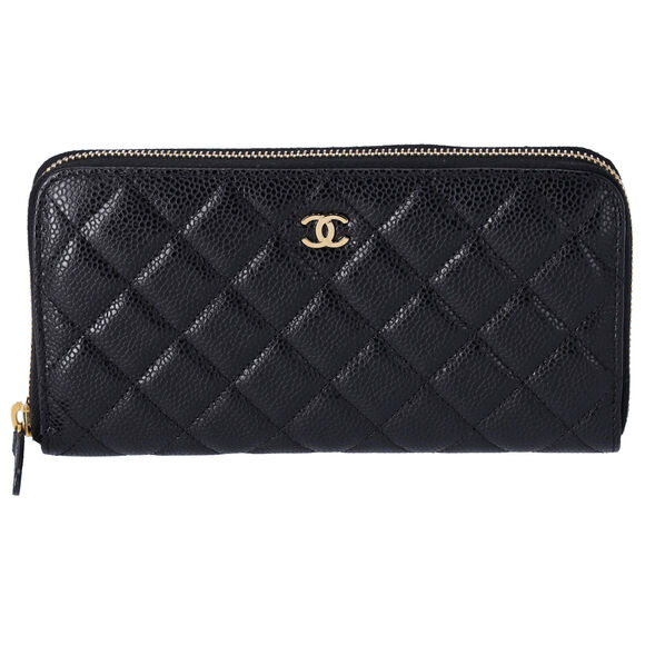 CHANEL Matelasse Long Zippy Wallet Black Gold Caviar Leather